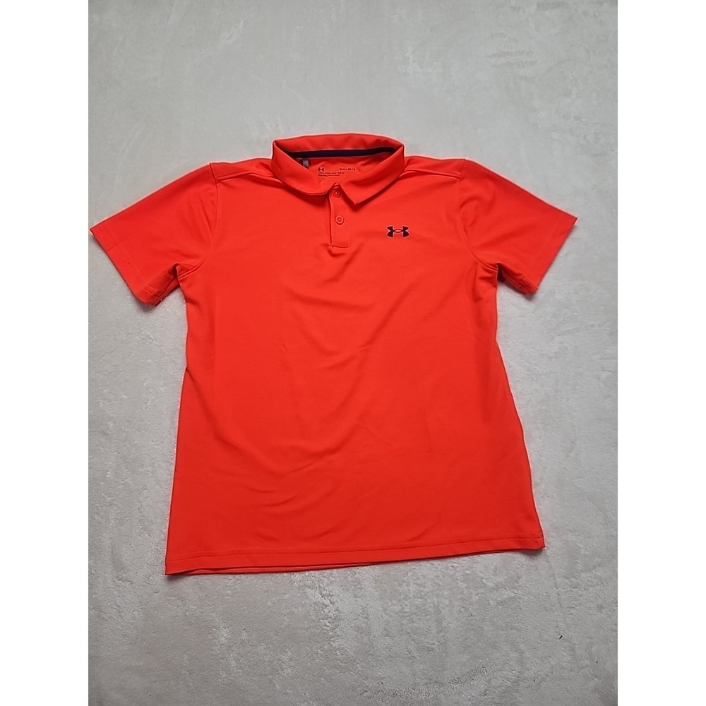 Under Armour Youth Large Drifit Polo Style Shirt, Bright Orange -‎ Navy Logo